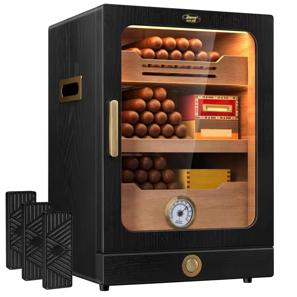 11 In. X 9.72 In. X 15.8 In. Black Desktop Cigar Humidor Cabinet Light Control System, with Spanish Cedar Wood Shelves
