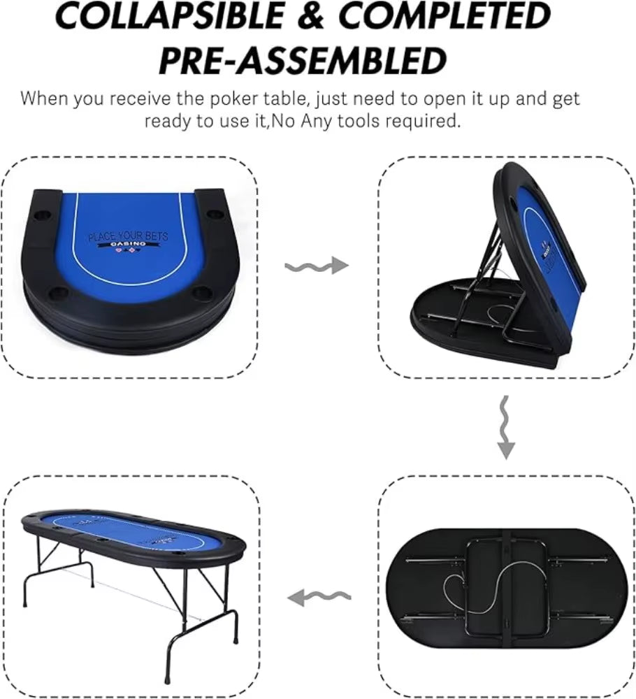 Poker Table for 10 Player, 84”Texas Hold’Em Foldable Poker Table with Stainless Steel Cup Holders and Padded Rails, Casino Leisu