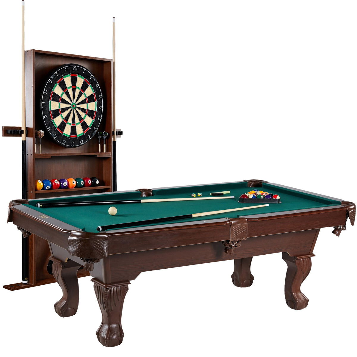 7.5 Ft Billiard Pool Table with Cue Rack, Dartboard, and Game Accessor