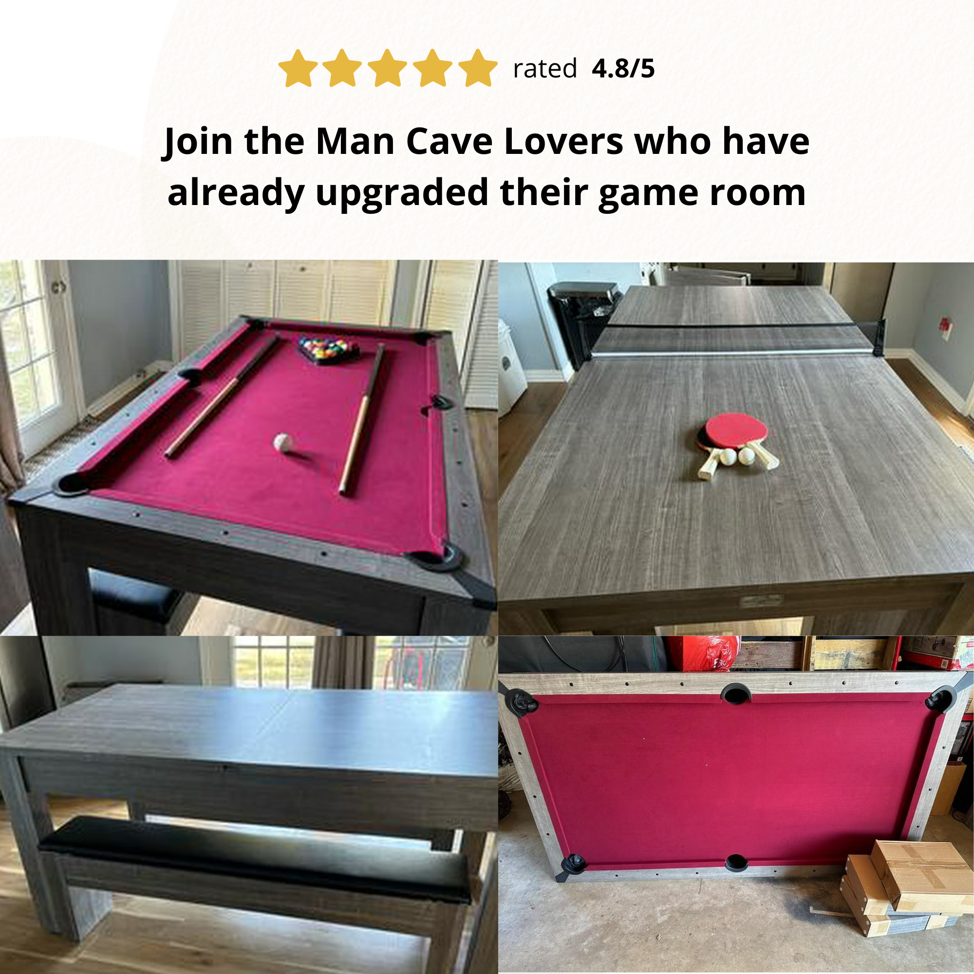 3-in-1 Table: Pool, Ping Pong and Dining, 6 ft